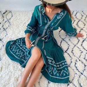 ZARA- Teal Embroidered Midi Dress with White accents in size XS